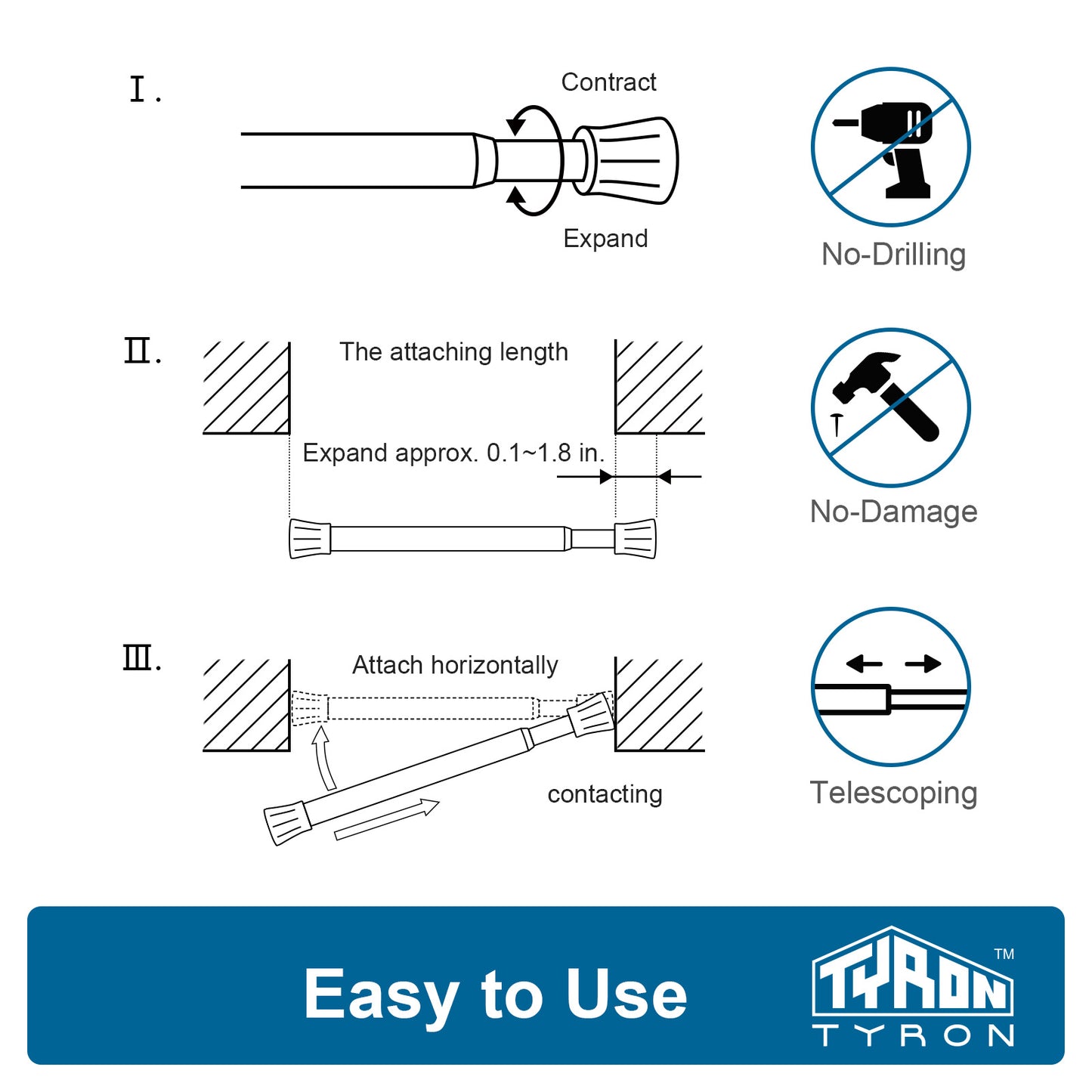 TYRON Curtain Tension Rod Adjustable Spring Loaded Curtain Rod, Expandable Window Curtain Rod Tension